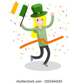 Cartoon flat illustration- a young girl runs with a ribbon. The celebration of the Irish holiday St. Patrick's day. A woman dressed in green with a hat and a flag. Happiness and joy of man.
