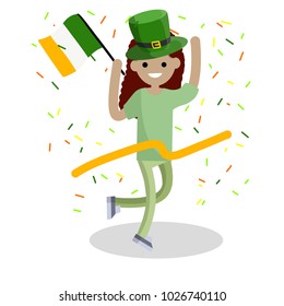 Cartoon flat illustration- a young girl runs with a ribbon. The celebration of the Irish holiday St. Patrick's day. A woman dressed in green with a hat and a flag. Happiness and joy of man.
