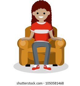 Cartoon flat illustration - young girl in a soft chair. woman in a t-shirt sitting resting on a armchair. interior detail.
