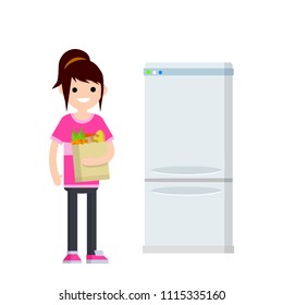 Cartoon flat illustration - a young girl in pink clothes with a package of food - bread and vegetables. A woman stands in front of the fridge. element of the kitchen. keep food fresh.
