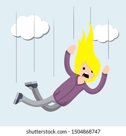 Cartoon flat illustration - young girl in sweatshirt falls down from height. flying into the abyss. sad woman in horror. Concept of failure
