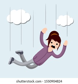 Cartoon flat illustration - young girl in sweatshirt falls down from height. flying into the abyss. Concept of failure. sad woman in horror