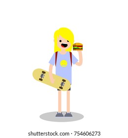 Cartoon flat illustration - young girl blonde in shorts with a skateboard is, eat the Burger in hand