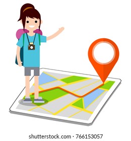 cartoon flat illustration - young girl tourist hitchhiker on the map of the city with a camera and a backpack on the route of a red point