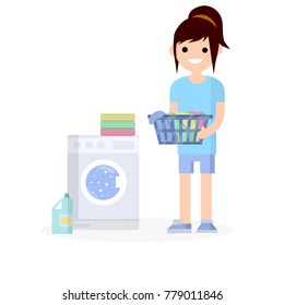 cartoon flat illustration - young girl in shorts in blue dress with basket for dirty clothes is standing next to a washing machine and detergent, with folded things.
