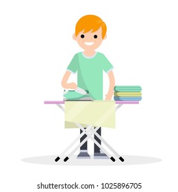 Cartoon flat illustration- a young guy in clothes stands with an Ironing Board and an iron. cleaning clothes and folded underwear. home care. Appliances for the home.
