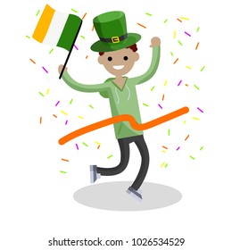 Cartoon flat illustration- a young guy runs with a ribbon. The celebration of the Irish holiday St. Patrick's day. A man dressed in green with a hat and a flag. Happiness and joy of man.
