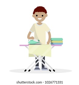 Cartoon flat illustration- a young guy in clothes stands with an Ironing Board and an iron. cleaning clothes and folded underwear. home care. Appliances for the home - cartoon flat illustration
