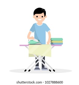 Cartoon flat illustration- a young guy in clothes stands with an Ironing Board and an iron. cleaning clothes and folded underwear. home care. Appliances for the home.
