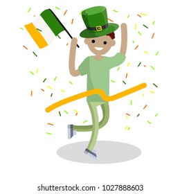 Cartoon flat illustration- a young guy runs with a ribbon. The celebration of the Irish holiday St. Patrick's day. A man dressed in green with a hat and a flag. Happiness and joy of man.
