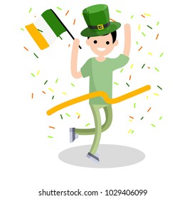 Cartoon flat illustration- a young guy runs with a ribbon. The celebration of the Irish holiday St. Patrick's day. A man dressed in green with a hat and a flag. Happiness and joy of man.
