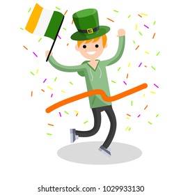 Cartoon flat illustration- a young guy runs with a ribbon. The celebration of the Irish holiday St. Patrick's day. A man dressed in green with a hat and a flag. Happiness and joy of man.