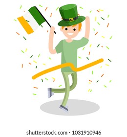 Cartoon flat illustration- a young guy runs with a ribbon. The celebration of the Irish holiday St. Patrick's day. A man dressed in green with a hat and a flag. Happiness and joy of man.
