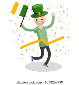 Cartoon flat illustration- a young guy runs with a ribbon. The celebration of the Irish holiday St. Patrick's day. A man dressed in green with a hat and a flag. Happiness and joy of man.