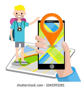 Cartoon flat illustration - young guy student with a backpack. man hitchhiker waving his hand on a map of the city. the hand with the phone Navigator route. the journey of a male tourist.
