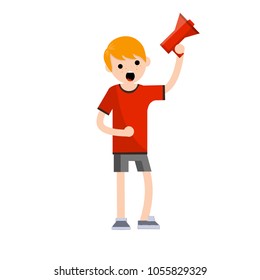 Cartoon flat illustration - a young guy in red clothes and shorts waving a loudspeaker in his hand. man call to action and attract attention. the device is a megaphone.