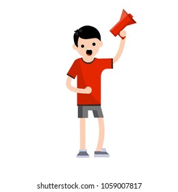 Cartoon flat illustration - a young guy in red clothes and shorts waving a loudspeaker in his hand. man call to action and attract attention. the device is a megaphone.