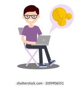 cartoon flat illustration - a young guy is studying Finance. a man on a chair with a laptop talking about bitcoin coins. non-cash payment in cryptocurrency blockchain technology. buy online.
