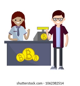 Cartoon flat illustration -young guy stands at the counter of the store and pay with bitcoins. blockchain technology. use of cryptocurrencies to buy in the supermarket. business clearing settlement