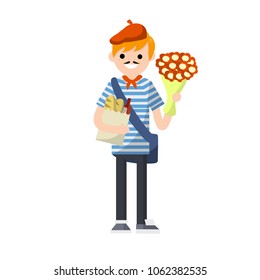 Cartoon flat illustration - the young guy is French in striped clothes with a beret, a mustache, a baguette bread bag and a bottle of wine. European tourism. national costume. a man with a bag.
