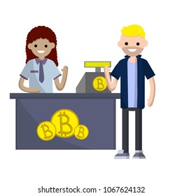 Cartoon flat illustration -young guy stands at the counter of the store and pay with bitcoins. blockchain technology. use of cryptocurrencies to buy in the supermarket. business clearing settlement