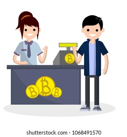 Cartoon flat illustration -young guy stands at the counter of the store and pay with bitcoins. blockchain technology. use of cryptocurrencies to buy in the supermarket. business clearing settlement