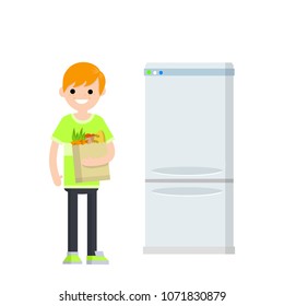 Cartoon flat illustration - the young guy is in the hands of a bag of food for a healthy diet. refrigerator appliance. a man prepares food. freezing vegetables. maintaining the cold.
