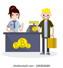 Cartoon flat illustration - young guy at the counter in the shop with shopping bags. woman salesman at the store. trade goods for bitcoin. blockchain technology. use of electronic money.
