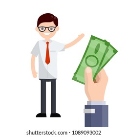 Cartoon flat illustration - a young guy about a white shirt and a red tie waves his hand. hand with green bows. the receipt of wages. earnings at work. cash payments to employees. financial operation
