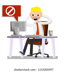 Cartoon flat illustration - a young guy in a shirt sitting at the table at the computer. office problems-stress and deadline. sad man is unhappy. web error symbol. virus and system failure.
