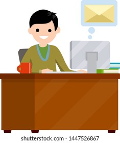 Cartoon flat illustration - young guy sitting at table and typing message to friend in social networks. job freelance. received emails in an envelope. Man in the chat
