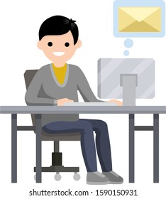 Cartoon flat illustration - young guy sitting at table and typing message to friend in social networks. job freelance. received emails in an envelope. Man in the chat