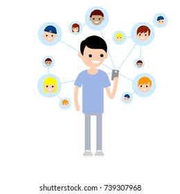 cartoon flat illustration - young guy in blue clothes with a mobile phone and social networking friends communicate