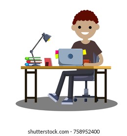 cartoon flat illustration - young guy in dark clothes sits on a chair at the table with books, lamp, laptop,
