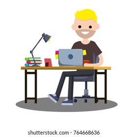 Cartoon flat illustration - a young guy student sitting on a chair at a Desk with a lamp, a computer and books
