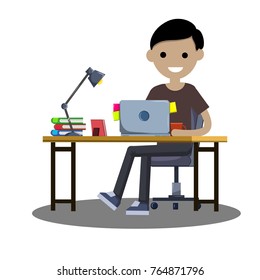 Cartoon flat illustration - a young guy student sitting on a chair at a Desk with a lamp, a computer and books