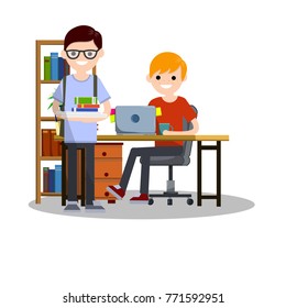 cartoon flat illustration - a young guy student sitting on a chair at a Desk with a computer and books. Nerd guy with glasses in blue dress with a stack of textbooks in his hands.