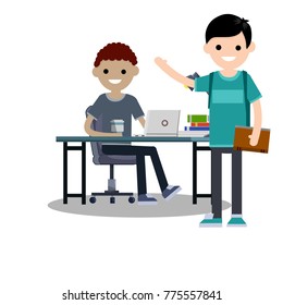 cartoon flat illustration - A young guy student sitting on a chair at the computer Desk and books, next to him is a friend with a backpack