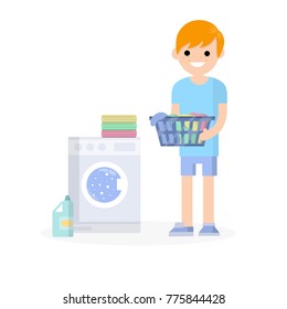 cartoon flat illustration - a young guy in shorts in blue dress with basket for dirty clothes is standing next to a washing machine and detergent, with folded things.