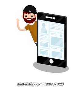 Cartoon flat illustration - young hipster guy in a hat and beard stands near large screen phone. social network account. the use of electronic gadgets and devices. modern man
