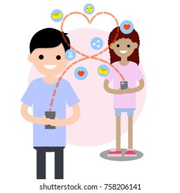 cartoon flat illustration - young lovers boyfriend in blue cloth and girlfriend in pink cloth talking to each other on a cell phone with icons, letter, message, heart
