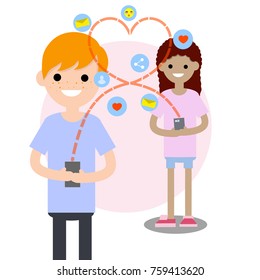 cartoon flat illustration - young lovers 
red hair boyfriend in blue cloth and girlfriend in pink cloth talking to each other on a cell phone with icons, letter, message, heart
