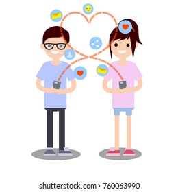 cartoon flat illustration - young lovers boyfriend in blue cloth nerd in glasses and girlfriend in pink cloth talking to each other on a cell phone with icons, letter, message, heart
