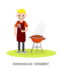 Cartoon flat illustration - a young man frying meat on a barbecue fire. Spatula for cooking. The device for food. A blond guy on a picnic. red apron clothing. steak on the coals.