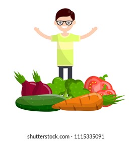 Cartoon flat illustration - a young man stands and waving his hand among the vegetables. Salad of carrots, onions, tomato, cucumber and broccoli. veggie meal. guy and healthy food
