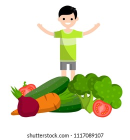 Cartoon flat illustration - young man in clothes standing in middle of salad of plants. vegetarian guy waves his hand around cucumber, tomato, onion, broccoli, carrots and onions. healthy diet