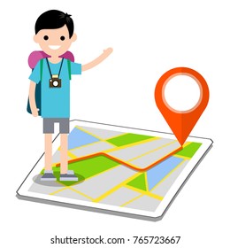 cartoon flat illustration - young man tourist hitchhiker on the map of the city with a camera and a backpack on the route of a red point