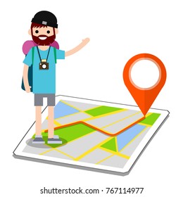 cartoon flat illustration - young man tourist hitchhiker on the map of the city with a camera and a backpack on the route of a red point