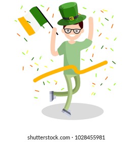 Cartoon flat illustration- a young nerd guy runs with a ribbon. The celebration of the Irish holiday St. Patrick's day. A man dressed in green with a hat and a flag. Happiness and joy of man.
