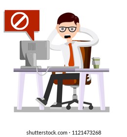 Cartoon flat illustration - a young nerd guy in a shirt sitting at the table at the computer. office problems-stress and deadline. sad man is unhappy. web error symbol. virus and system failure.
